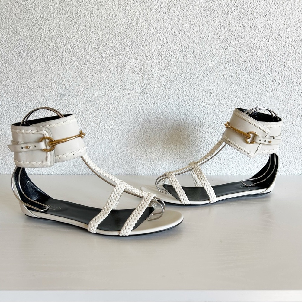 Gucci Ursula White Horsebit Flat Leather Sandals Size EU 38 - Picture 2 of 14